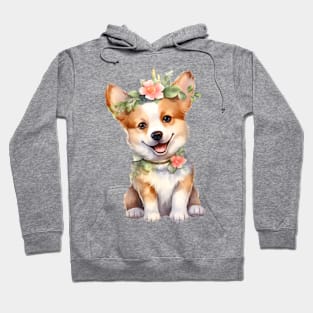 Watercolor Pembroke Welsh Corgi Dog with Head Wreath Hoodie